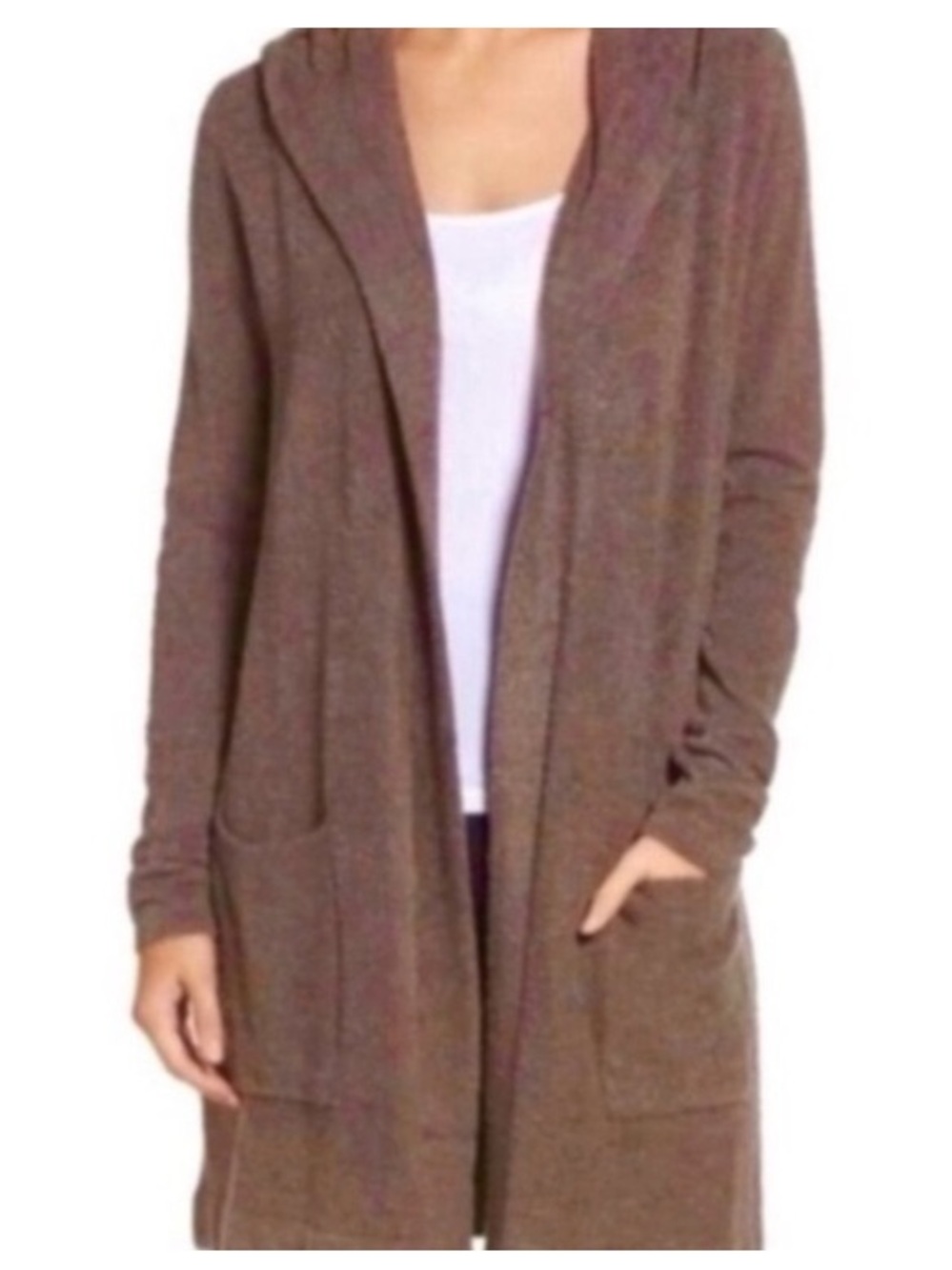 Barefoot Dreams Hooded Cardigan Cozychic Ultra Light in Light Brown